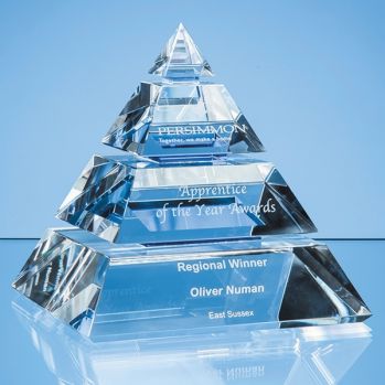 16cm Clear Optical Crystal Luxor Pyramid Award with 3 Cobalt Blu