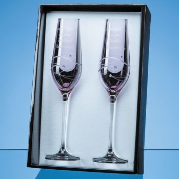 2 Pink Diamante Champagne Flutes with Spiral Design Cutting in a