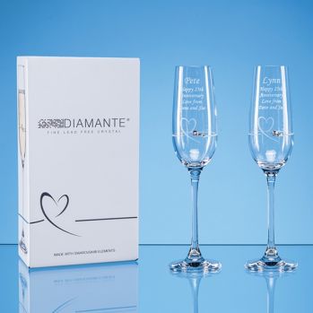 2 Diamante Petit Champagne Flutes with Heart Design in an attrac