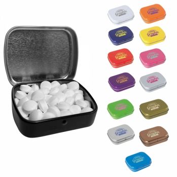 Promotional Flat hinged tin with dextrose mints
