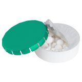 Round plastic pot with metal lid and sugar free mints